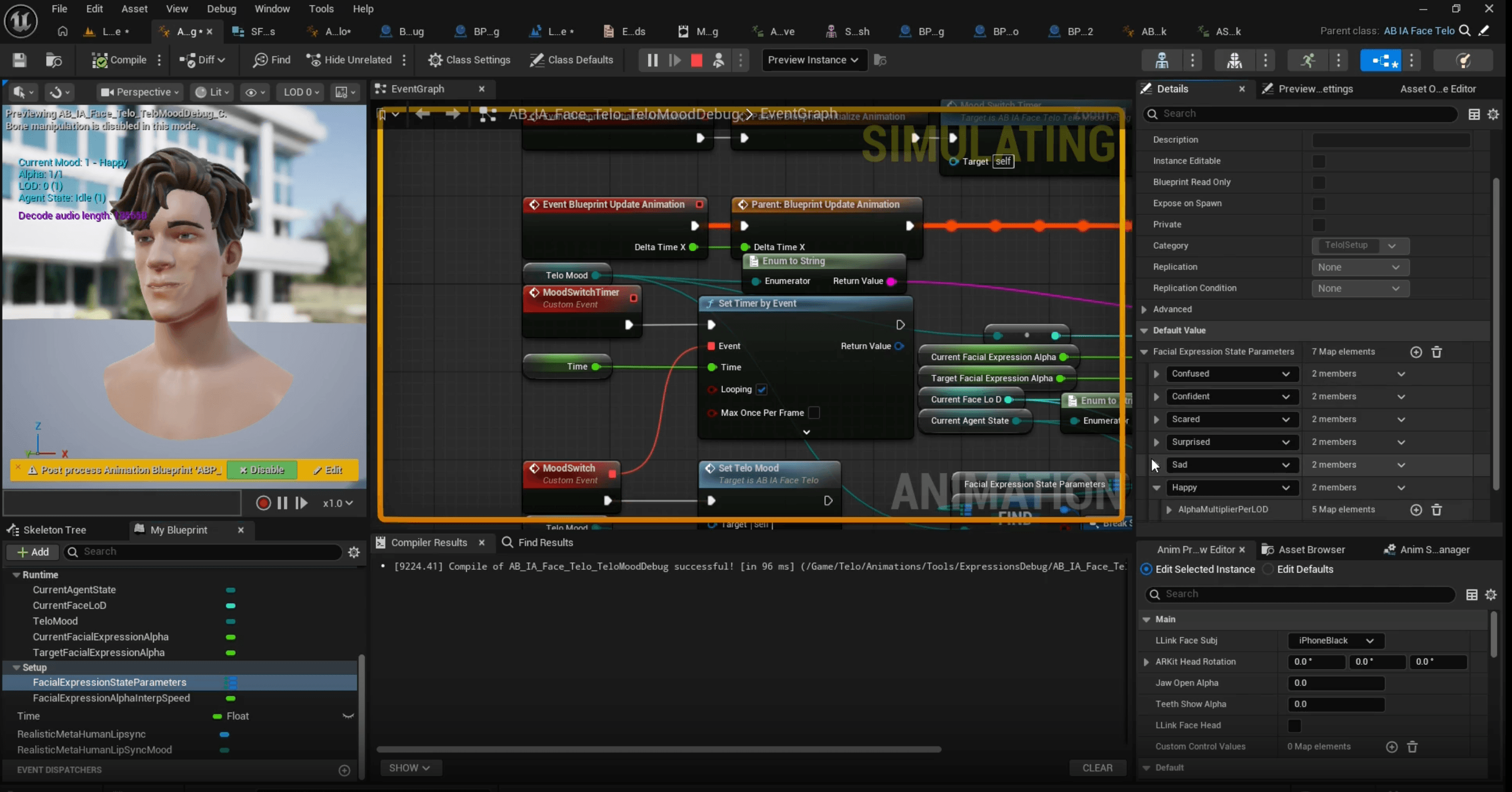 Telo MetaHuman character authored in Unreal Engine 5 with Blueprint graph